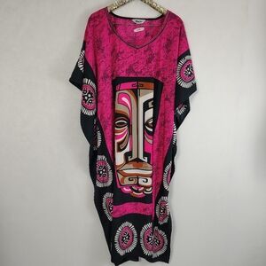Modern Winlar Women's Pink Tribal Face Caftan One Size Boho Maximalism Beachy